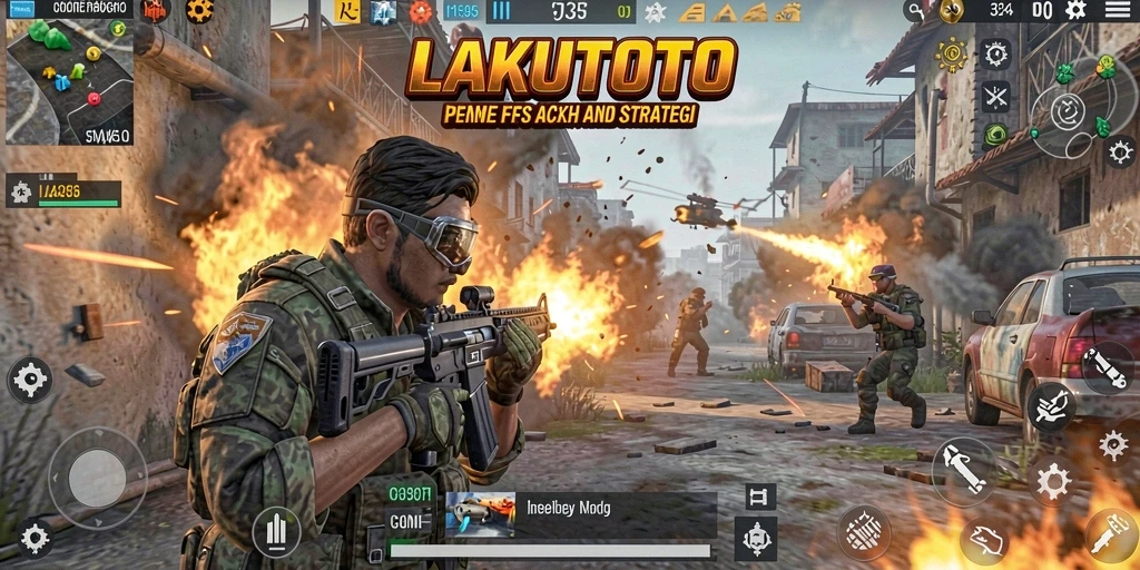 Tangkapan layar menampilkan aksi intens di <strong>LAKUTOTO</strong> dengan gameplay FPS yang mendebarkan.
