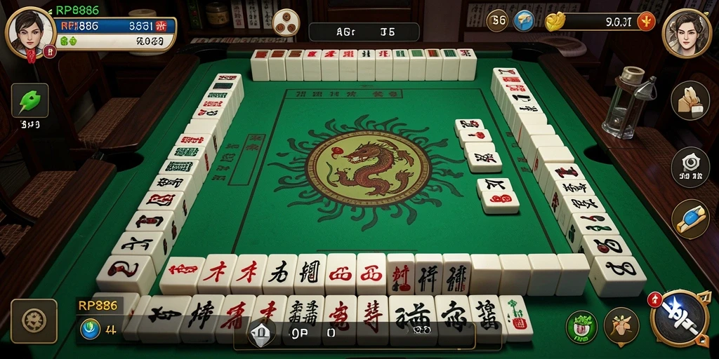 Screenshot gameplay RP886 menampilkan suasana permainan Mahjong yang menarik.