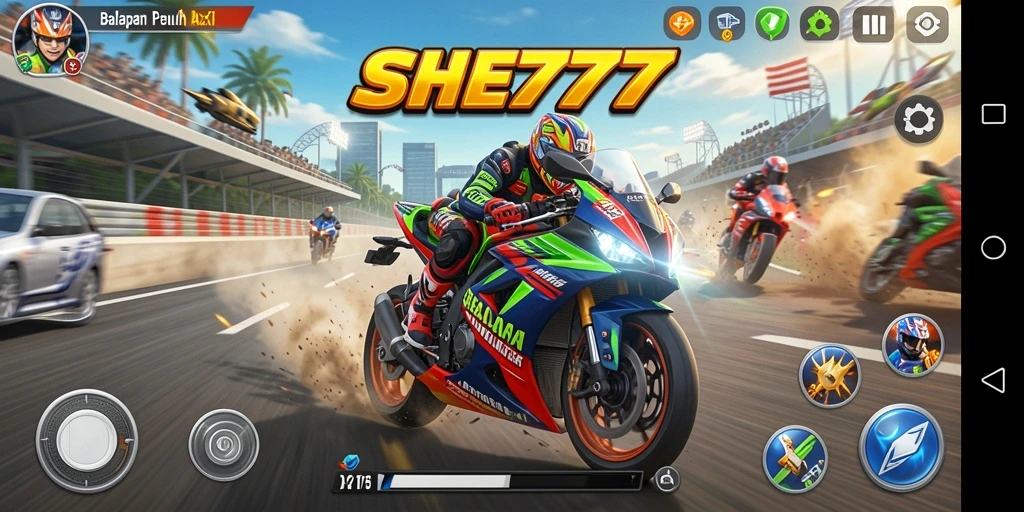 Tampilan gameplay seru dari balapan motor di SHE777.