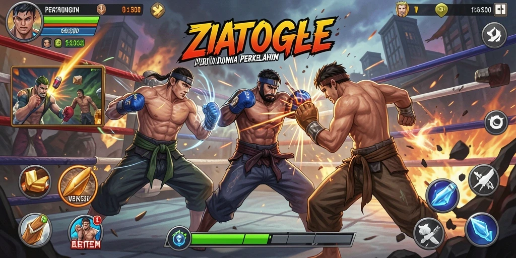 Screenshot gameplay ZIATOGEL menampilkan aksi pertarungan seru dan karakter ikonis.